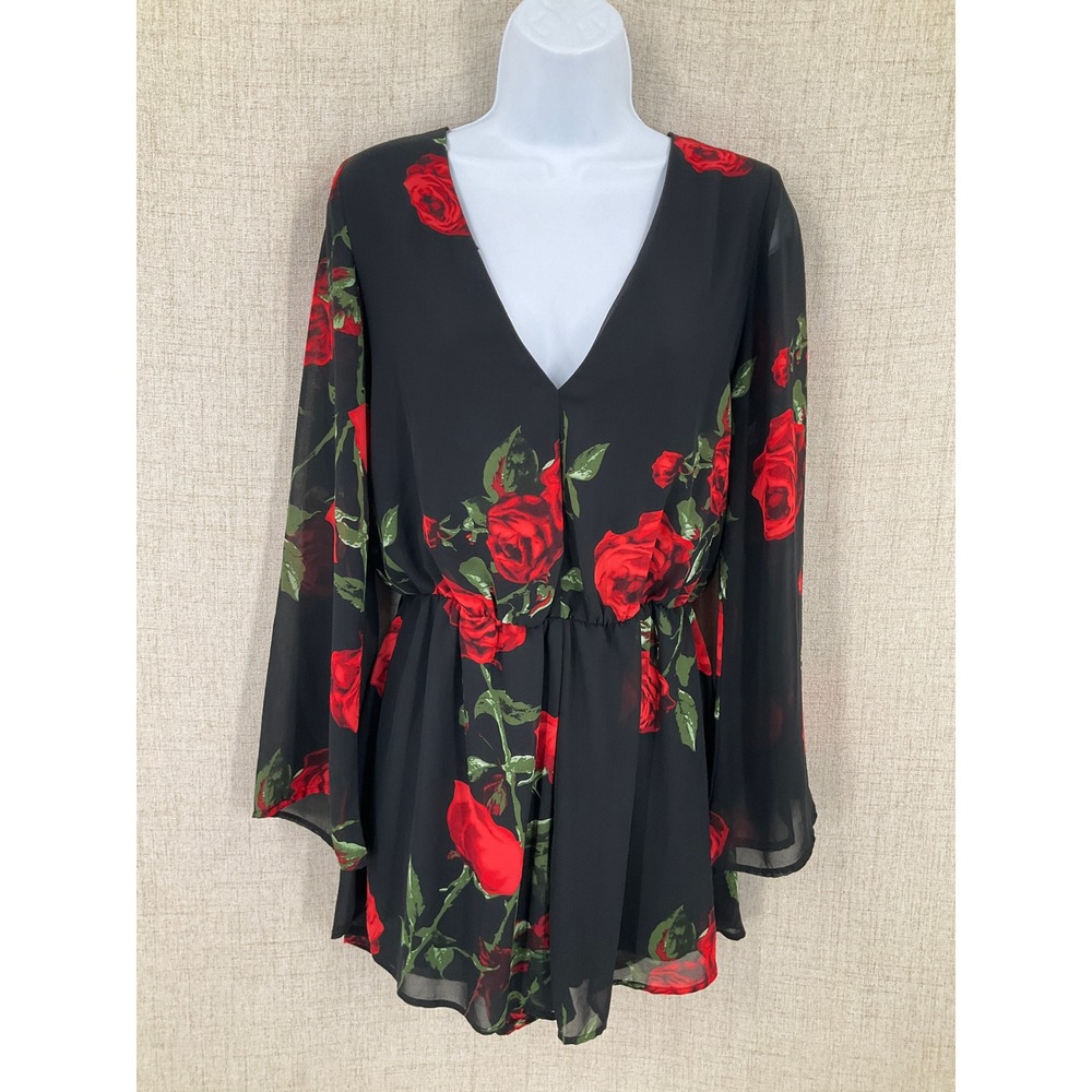 Charlotte Russe Romper Womens Small Black Red Rose Floral Boho V-Neck Whimsigoth